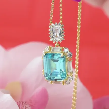 Golden Rectangular Necklace AquaMarine Gemstone and Zircon S/ Silver ΚΩΔ 4800 OlgaKosmima