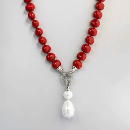 Γυναικείο Κολιέ Silver Plate Με Πέρλες Eden Και Zircon Με Κοράλλι ΚΩΔ 4015 Olga Kosmima