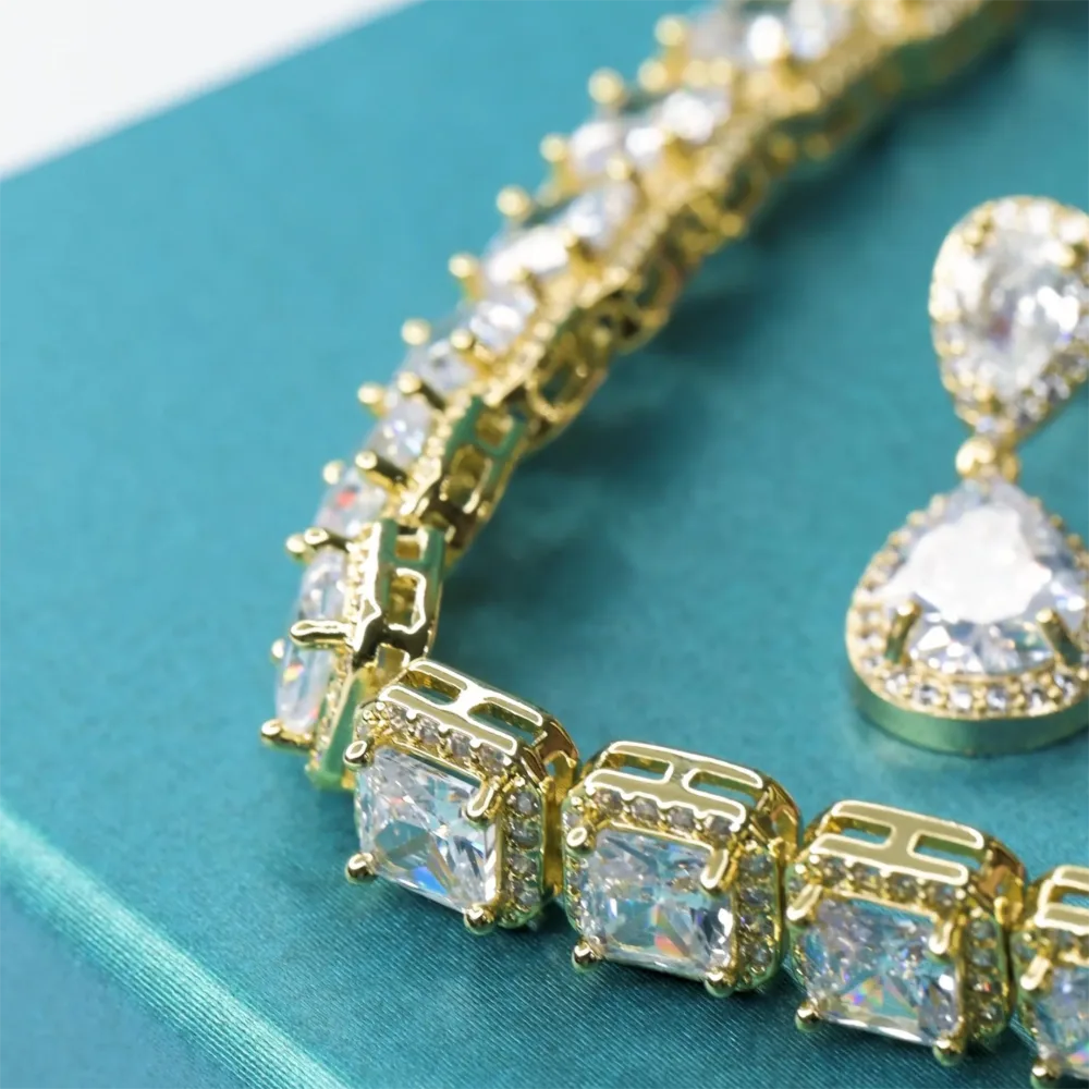 Σετ Double Drop Earrings White Sapphire Gold S/ Silver 18K & Tennis Bracelet White Sapphire Gold S/ Silver 18K ΚΩΔ 9001 Olga Kosmima - Image 1