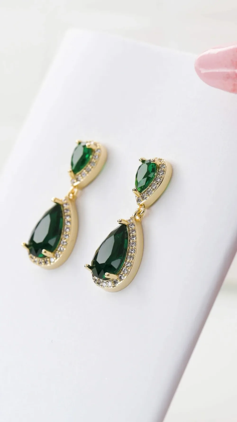 Double Drop Earrings Gold Green Emerald  S/ Silver 925 ΚΩΔ 1049 Olga Kosmima - Image 6