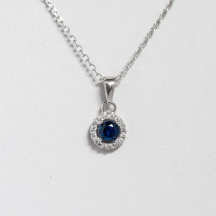 Round Blue Sapphire Gemstone Halo Pendant S/ Silver ΚΩΔ 4391 OlgaKosmima