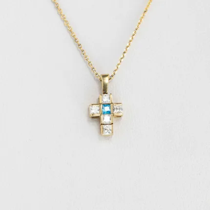 Cross Princess Cut White Sapphire & Aquamarine Gold Silver 18K ΚΩΔ 4077 Olga Kosmima