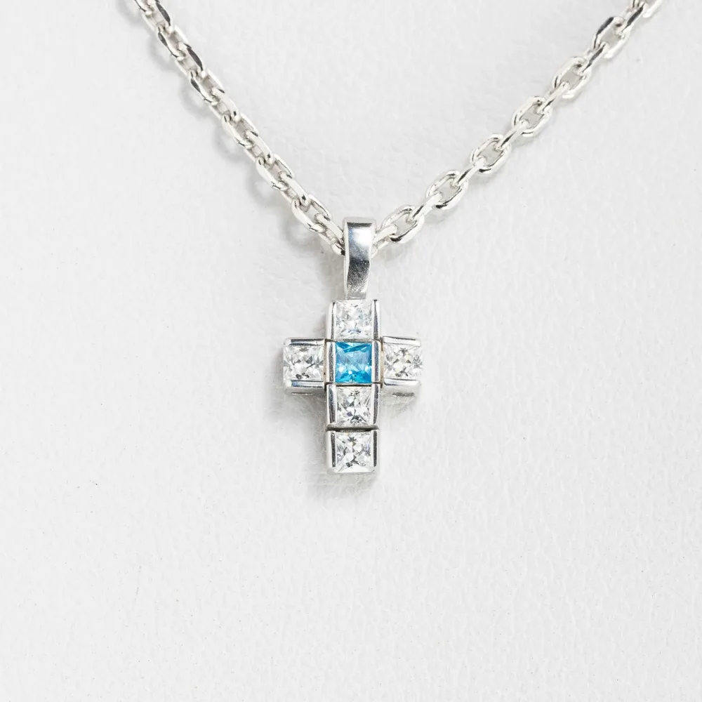 Cross Princess Cut White Sapphire & Aquamarine Silver 925 ΚΩΔ 4096 Olga Kosmima - Image 1