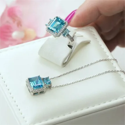 Σετ Square Necklace & Ring Aqua Marine Gemstone and Zircon S/ Silver ΚΩΔ 9009 Olga Kosmima